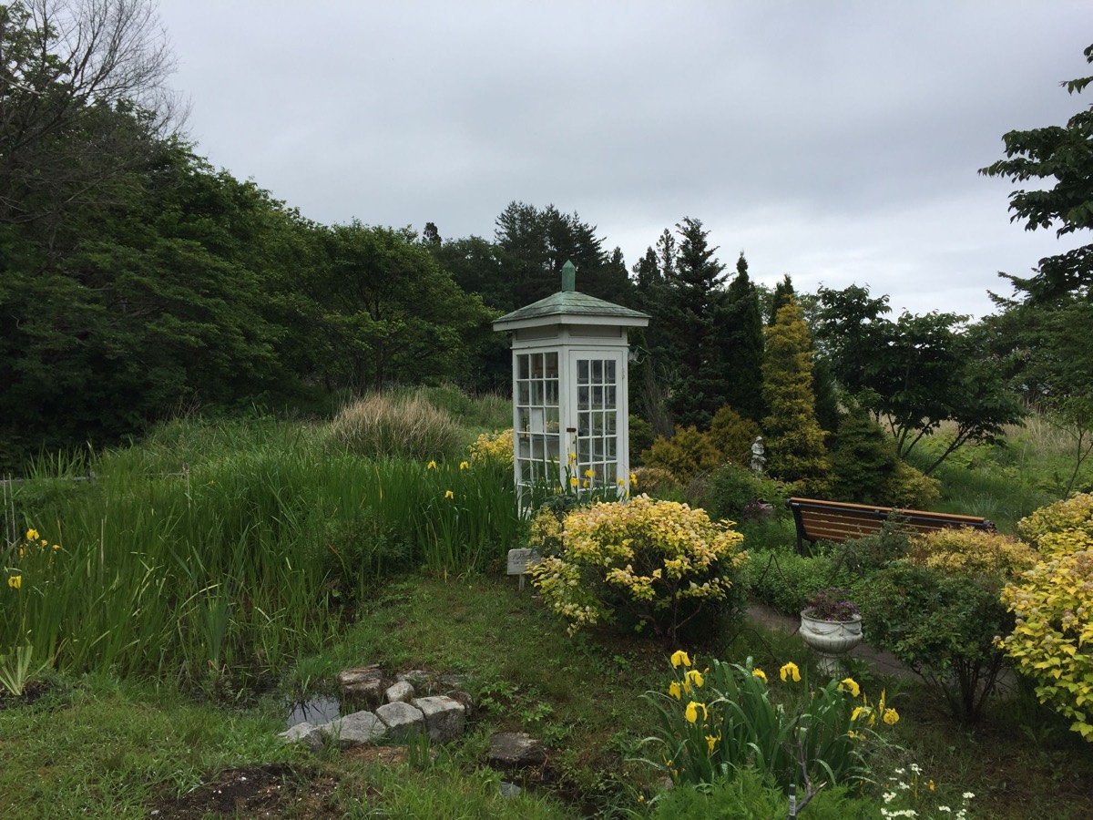 A white glass-paned phone booth with a weathered green roof, standing on a grassy hill among yellow irises and garden shrubs